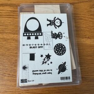 Stampin Up Blast Off Wood Mount Rubber Stamp Set 125944 Space Rocket Astronaut